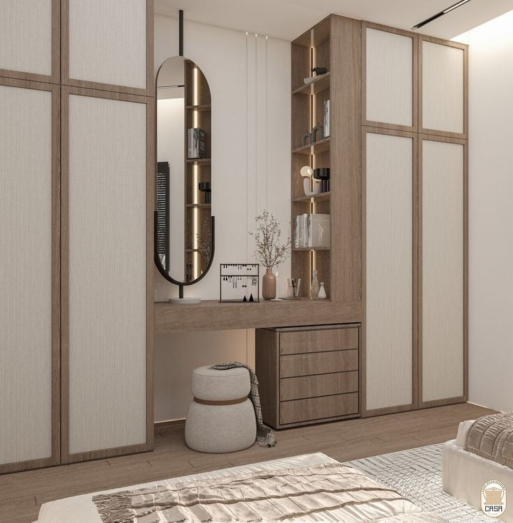 Contemporary Wardrobe with Light-Oak Frames, Floating Vanity & Illuminated Shelving