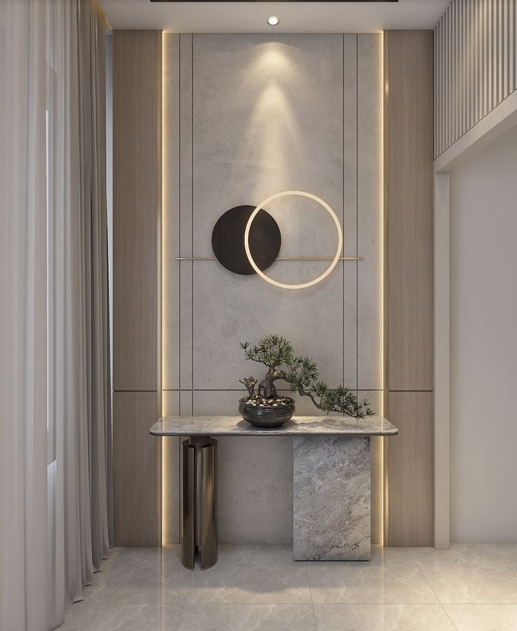 6 ft Minimalist Console with Marble Top, Bonsai, and LED Wall Art
