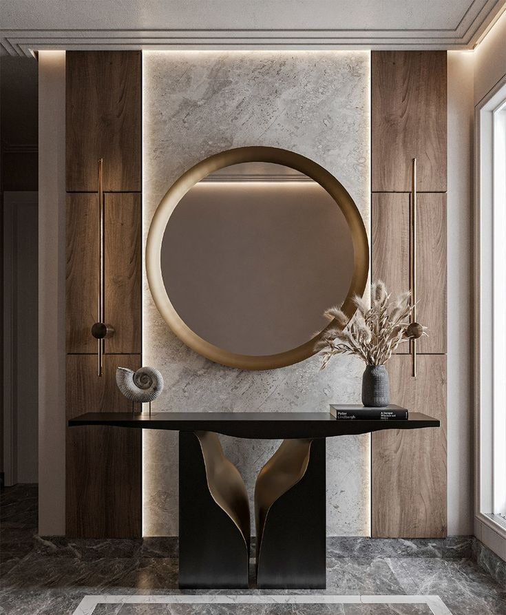 7 ft Grey Marble & Wood Accent Wall with Gold-Rimmed Mirror and Elegant Black Console