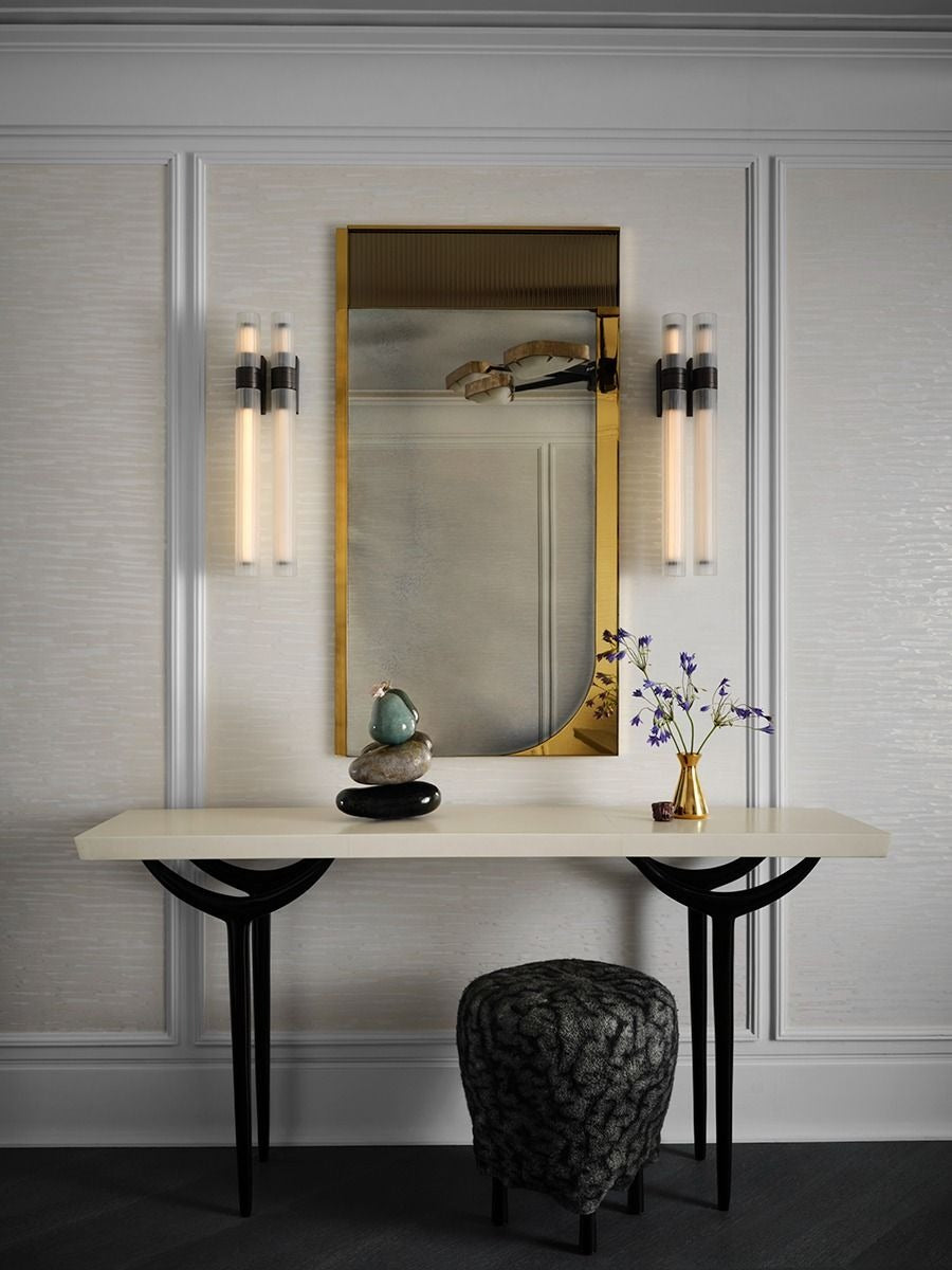 7 ft White Panel Wall with Gold Mirror, Twin Sconces & Ivory Console