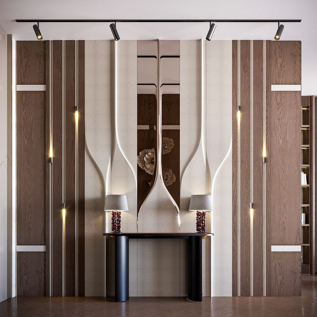 9 ft Feature Wall with Beige & Walnut Panels, Central Console, and Symmetrical Lighting