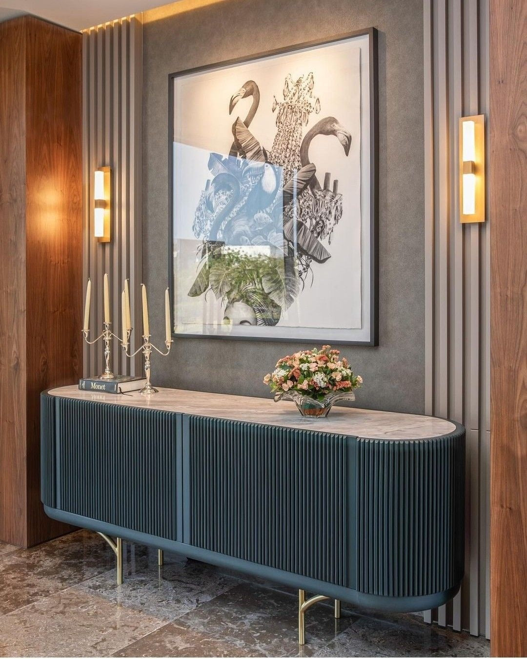 8 ft Walnut & Grey Accent Wall with Monochrome Art, Teal Console & Wall Sconces