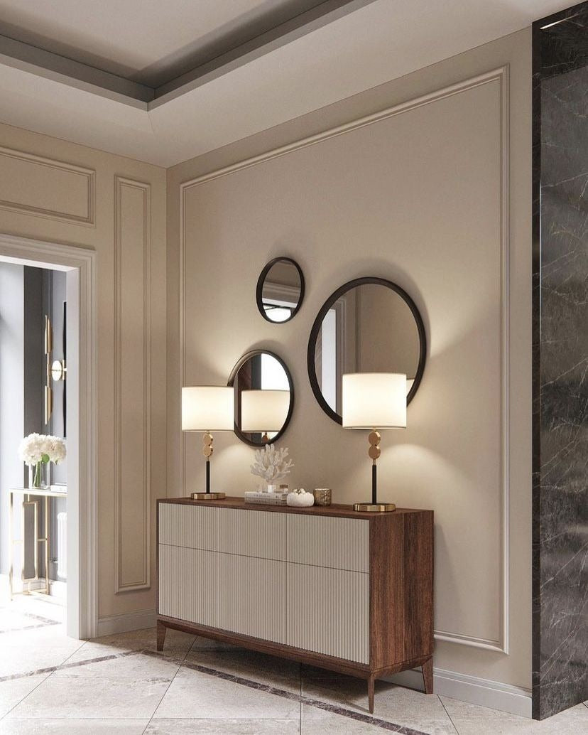 7.5 ft Beige Wall with Round Mirrors & 5 ft Wooden Console with Brass Lamps