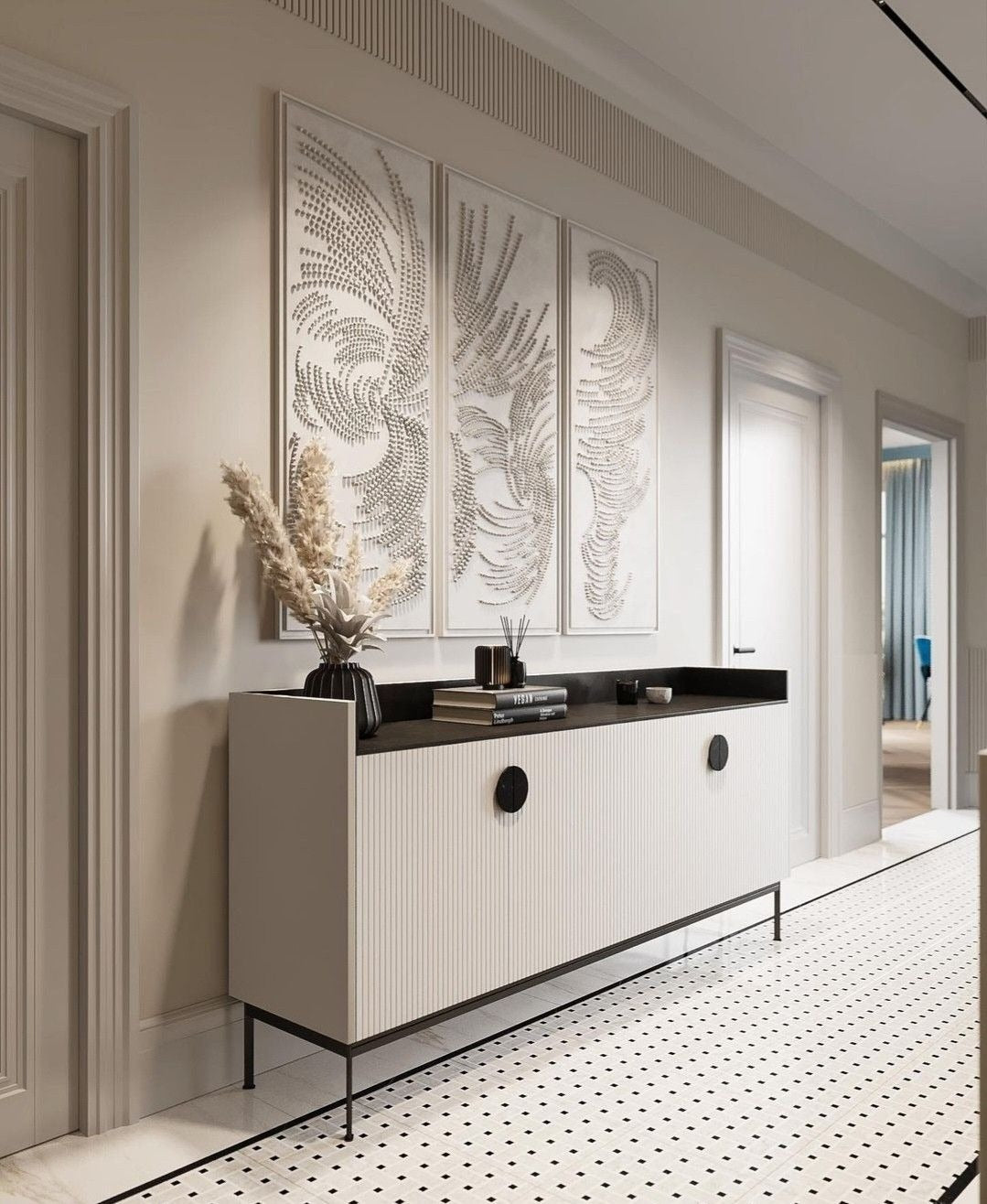 Taupe 8-ft Wall with Fluted Panels, Dark Marble Console & Metallic Wall Art