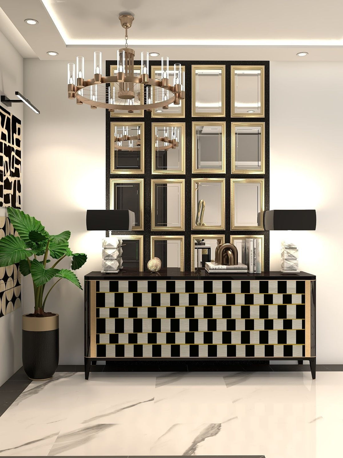 9 ft Gold-Grid Accent Wall with Black & Gold Console, Lamps & Chandelier