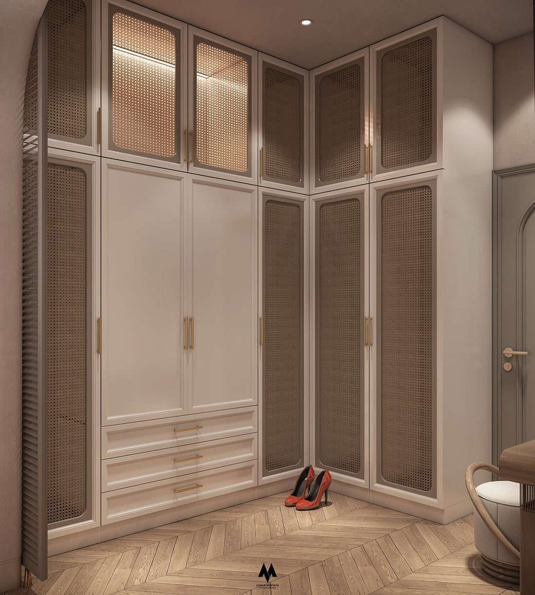 Charming Corner Wardrobe with Matte White, Woven Cane & Gold Accents