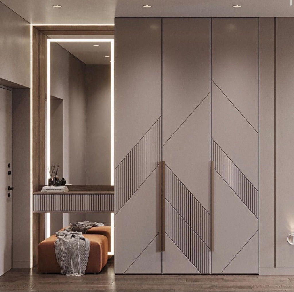 Modern Entryway Wardrobe with Chevron Pattern, Illuminated Mirror & Wood Console
