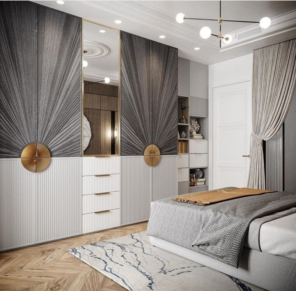 Opulent 10–12ft Custom Wardrobe with White Fluted Panels, Dark Gray Veneer & Gold Accents