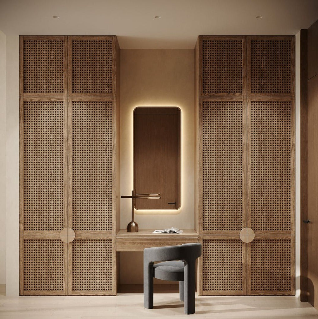 Bohemian Light-Oak Wardrobe with Rattan Panels & Vanity Niche