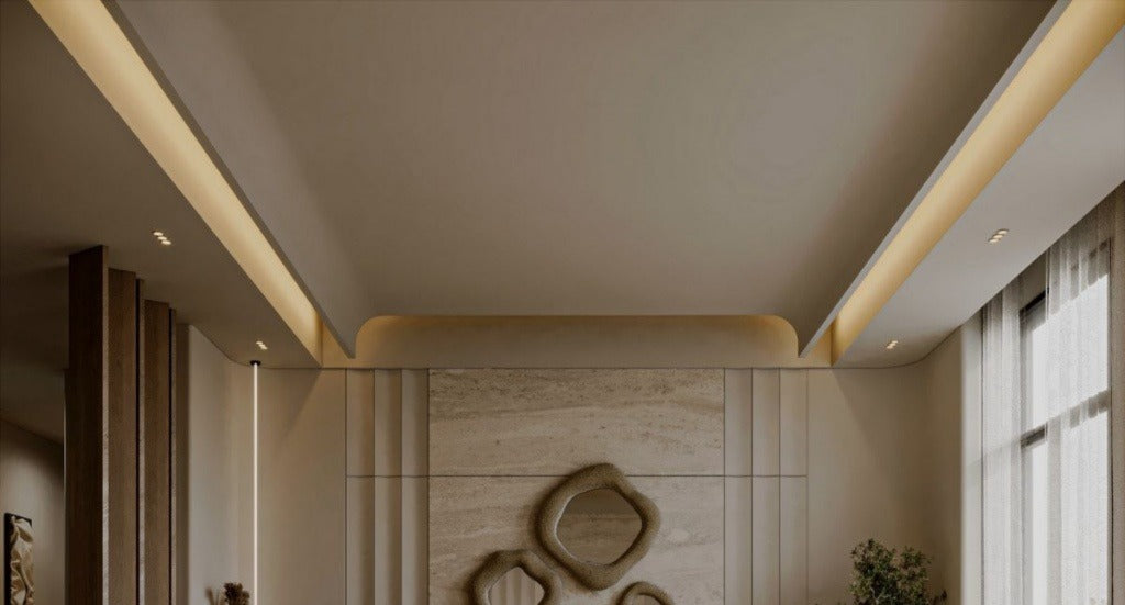 Central Rectangular False Ceiling with Curved Edges and Cove Lighting