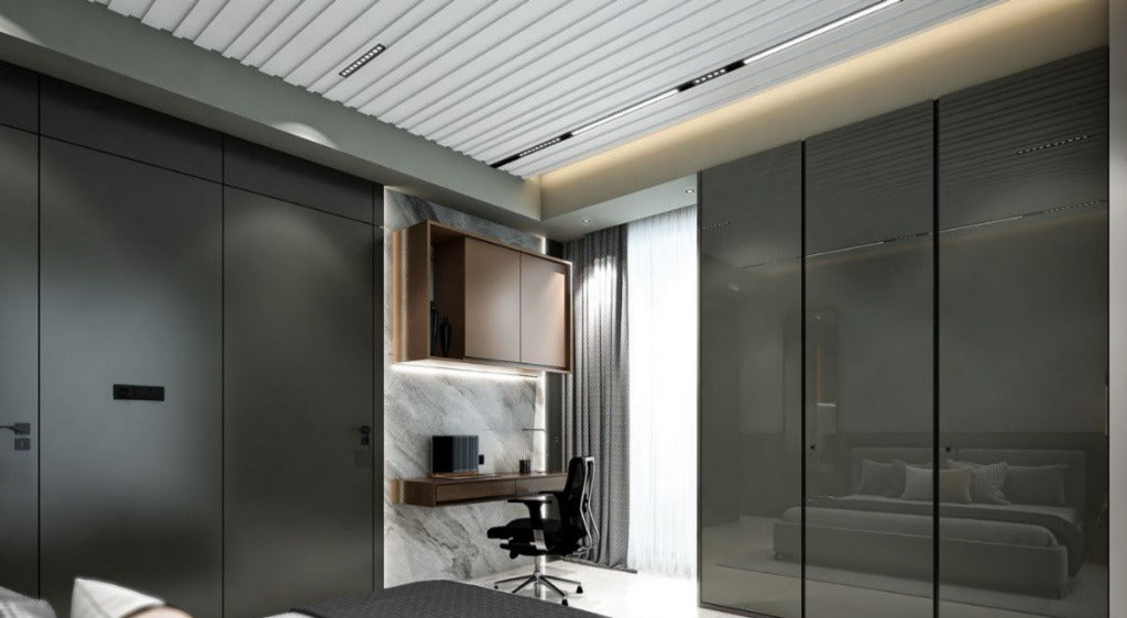 Central Recessed False Ceiling with Linear Slats & Integrated Lighting