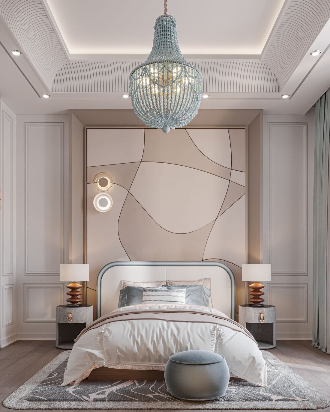 Oval False Ceiling with Layered Perimeter Lighting and Slatted Vault