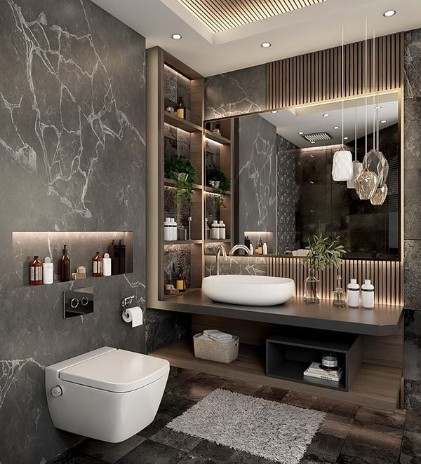 Dark Marble Washroom with Sleek Floating Vanity Design