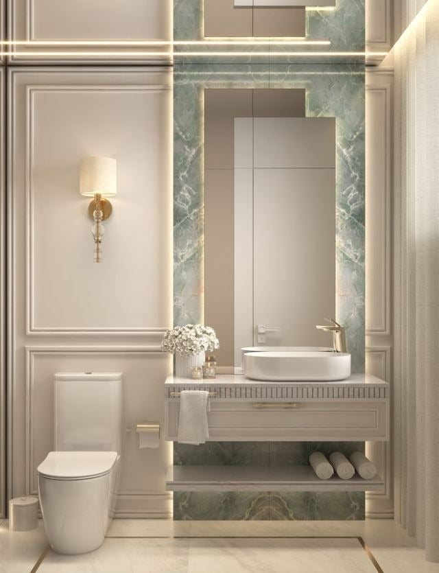 Timeless 6x5 ft Washroom with Elegant Moldings & Marble Finish