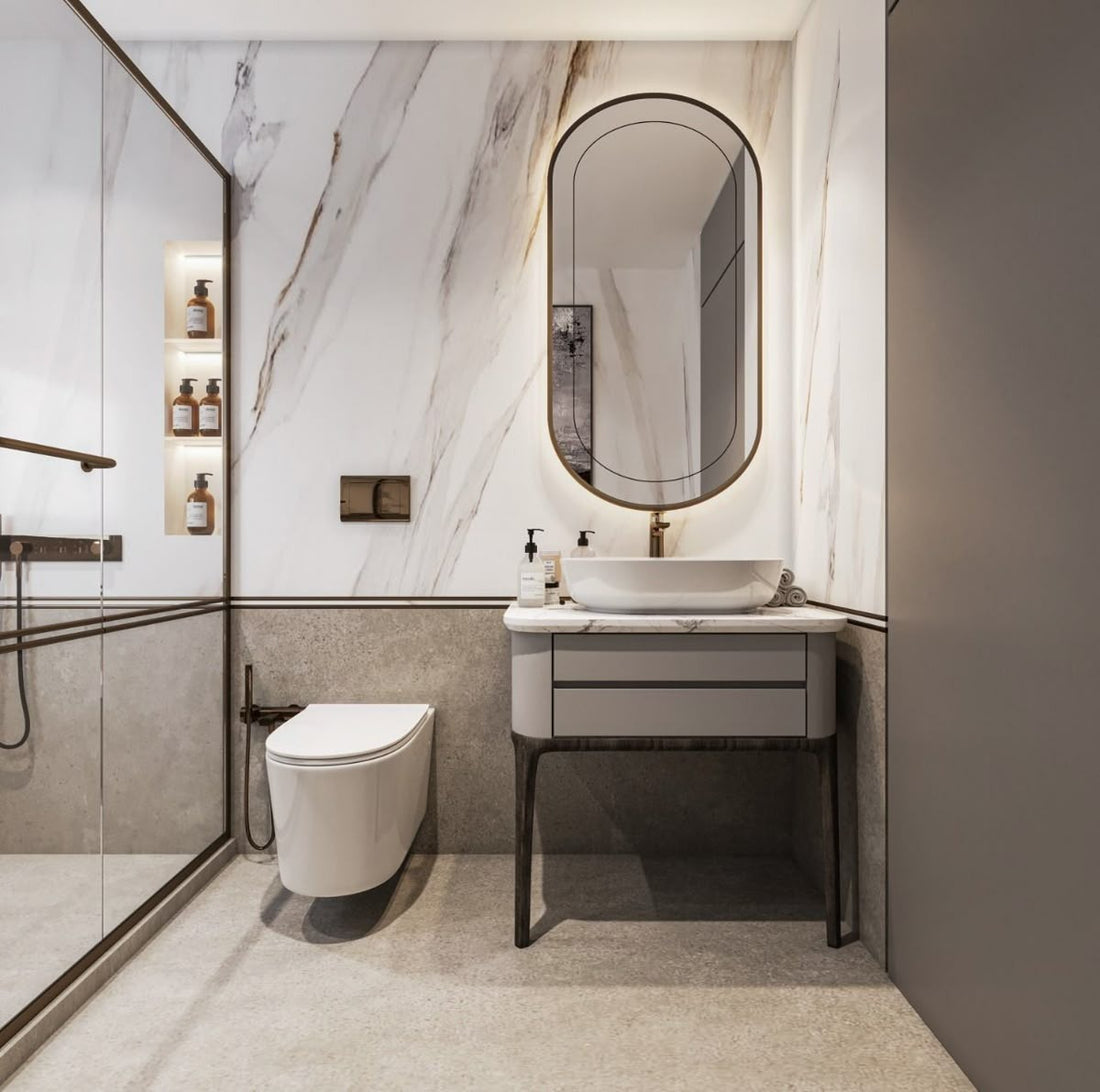 Contemporary Washroom with Backlit Mirror & Glass Enclosure