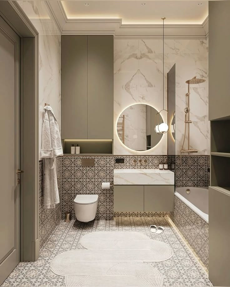 Serene Bathroom with Patterned Tiles & Soft Sage Cabinetry
