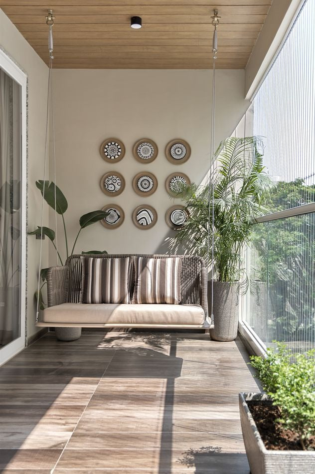 6x10 ft Serene Balcony with Swing, Wooden Floor & Lush Greens