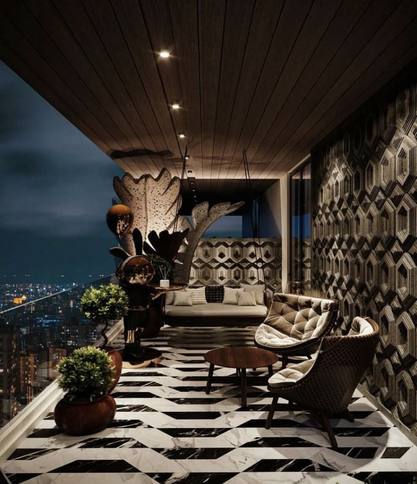 Luxurious 6x14ft Balcony with Geometric Flooring & Plush Seating