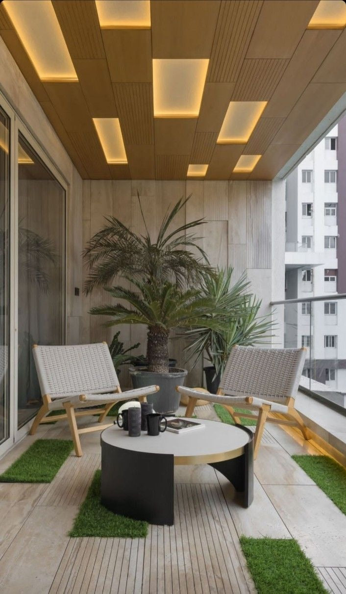 Modern 6x10ft Balcony with Wooden Ceiling, Warm Lights & Green Turf