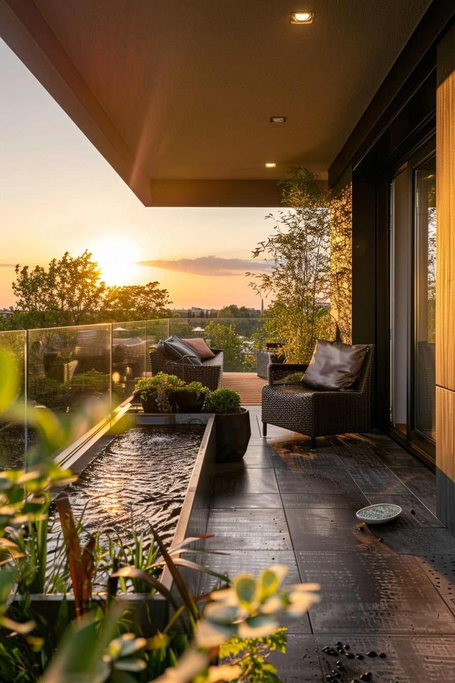 Elegant 14×5 ft Balcony with Rattan Seating, Glass Railing & Tropical Ambiance