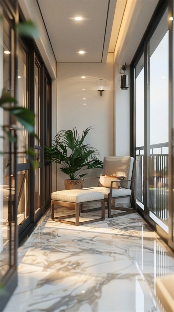 Luxurious 12x4 ft Balcony with Marble Flooring, Wooden Accents & Cozy Lounge Seating