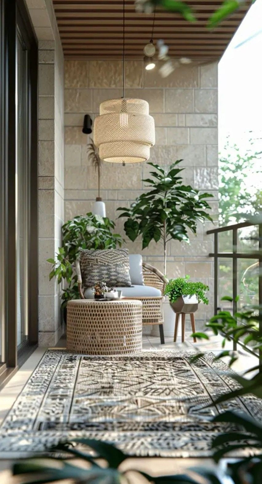 Cozy 11x4.5 ft Balcony with Stone Cladding, Wooden Ceiling & Rattan Lounge Setup