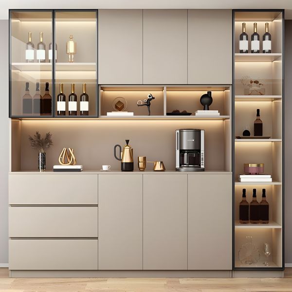 Modern Beige Crockery Unit with LED Lighting and Smart Storage