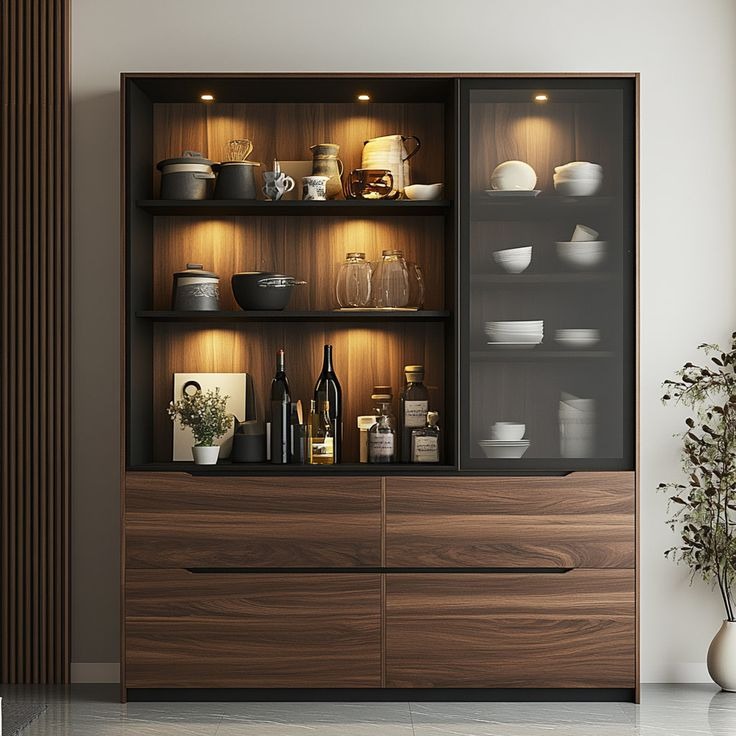 Elegant Walnut Crockery Unit with LED Lighting and Frosted Glass