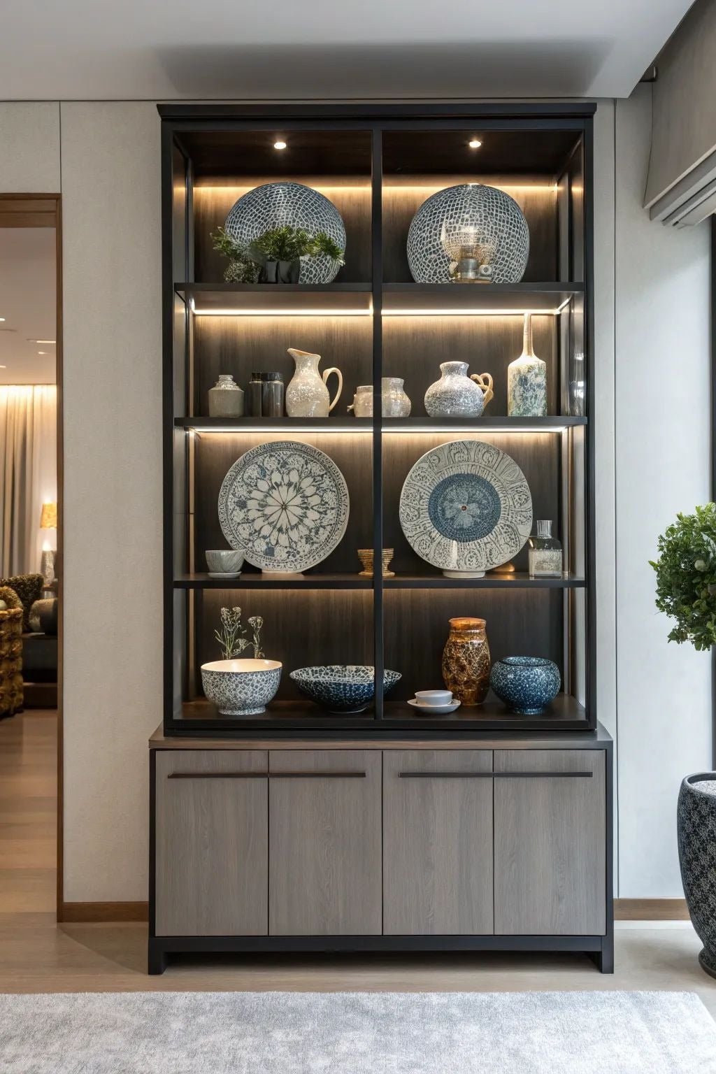 Contemporary Crockery Unit with Glass Shelves & LED Lighting
