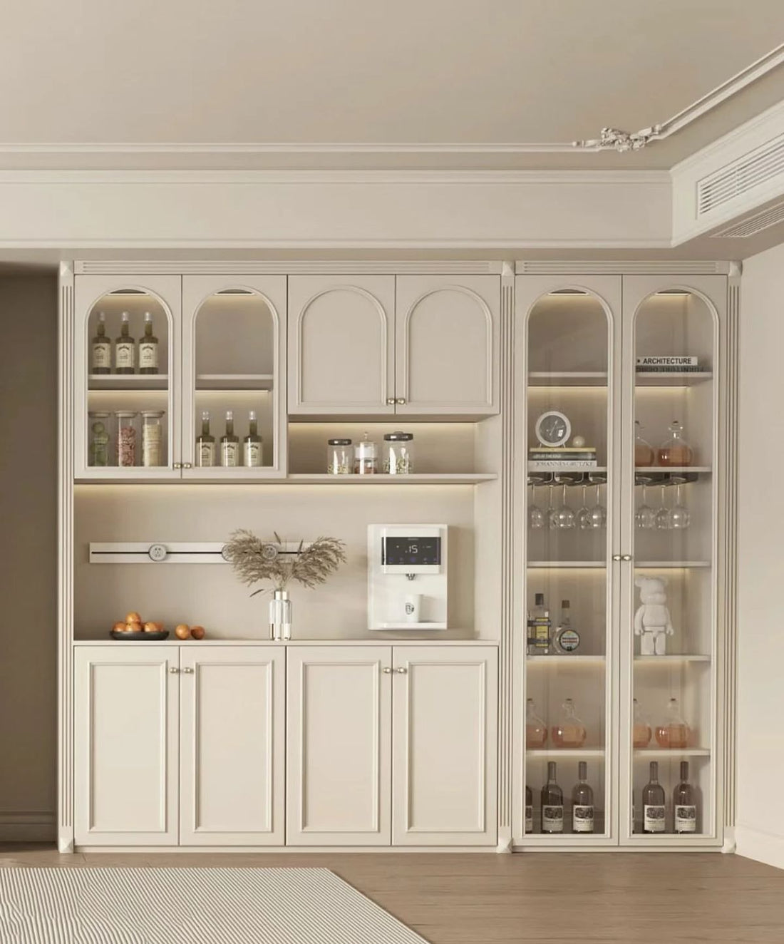 Built-in Light Wood Crockery Unit with Glass Cabinets & Wine Rack