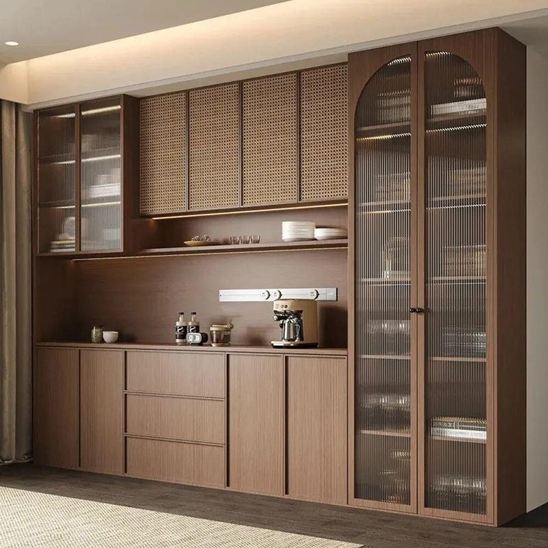 Elegant Walnut Crockery Unit with Fluted Glass Cabinets & Open Shelving