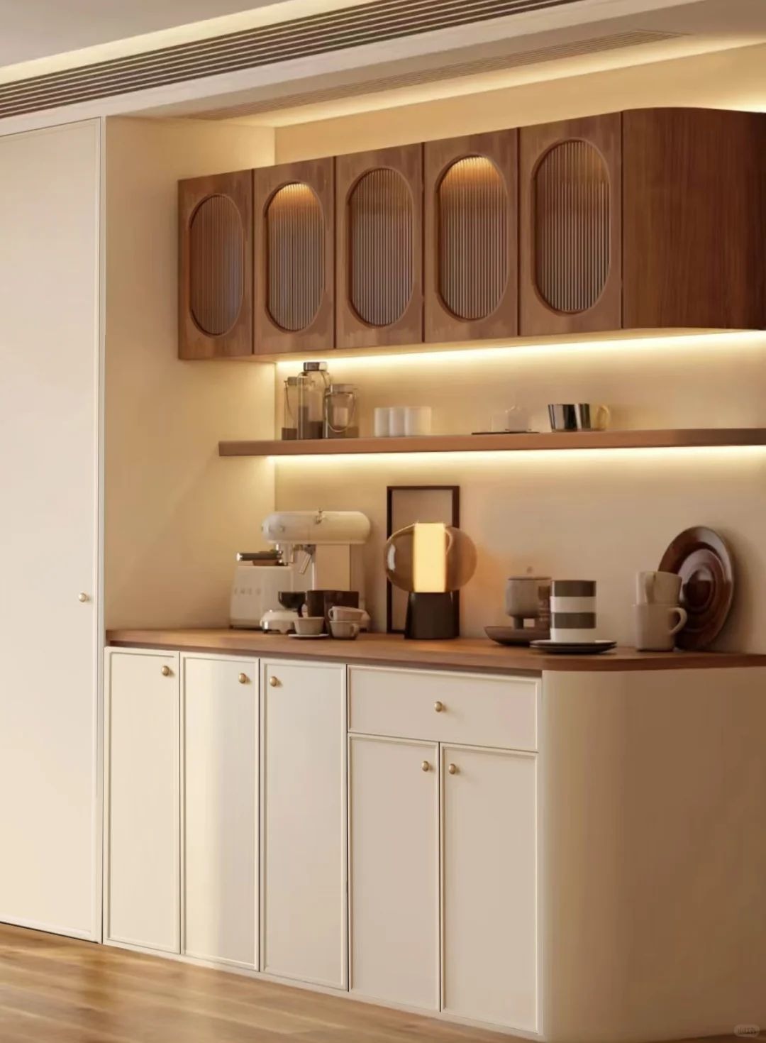 Modern Coffee & Crockery Unit with Walnut Overhead Cabinets and Ambient Lighting