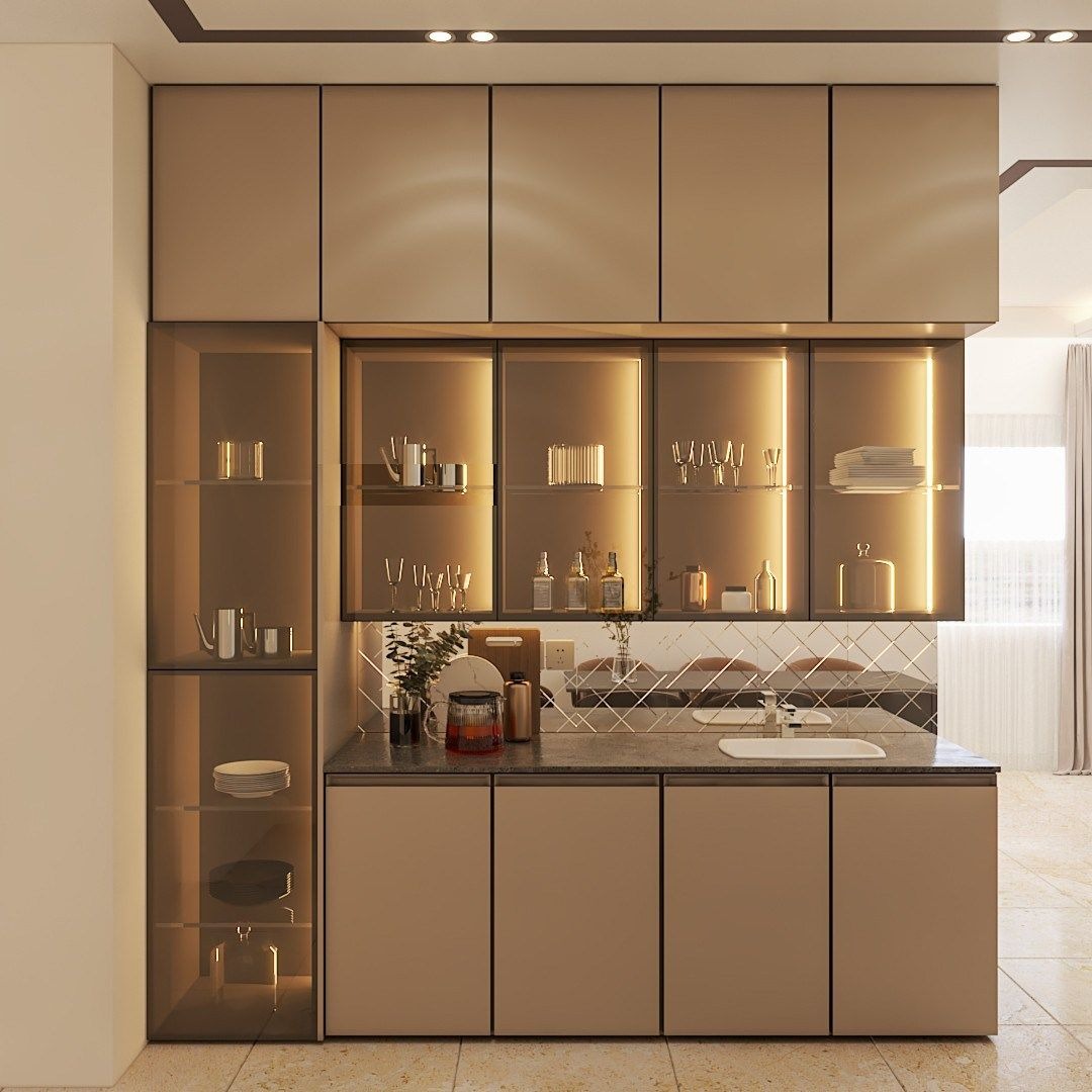 Sleek Champagne-Toned Bar & Crockery Unit with Glass Display and Ambient Backlighting