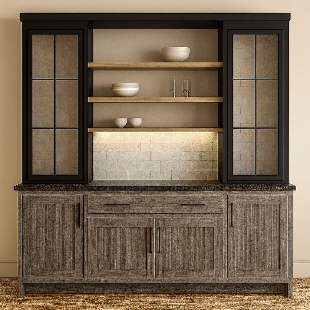 Contemporary Crockery Unit with Black Framed Glass Cabinets and Open Oak Shelving