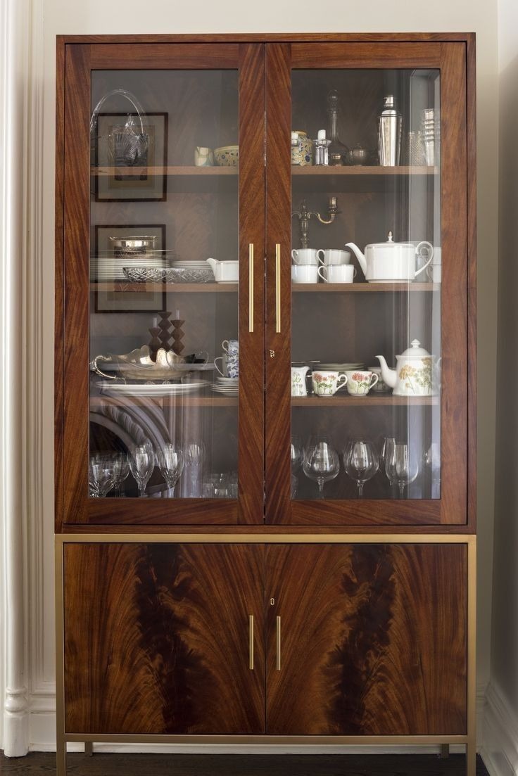 Classic Mahogany Crockery Cabinet with Glass Doors and Brass Accents