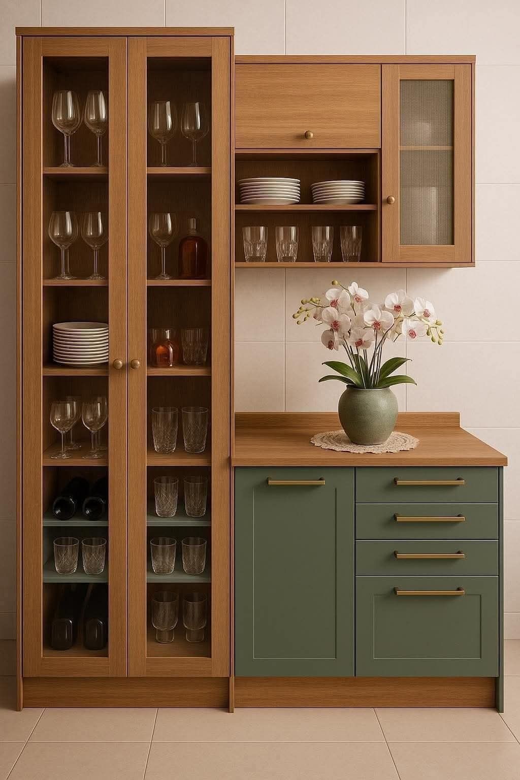 Two-Tone Crockery & Storage Unit in Oak and Sage Green with Glass Doors
