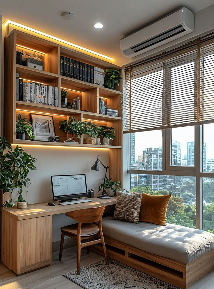 Modern Oak Home Office with Open Bookshelves, Window Daybed & Ambient Lighting