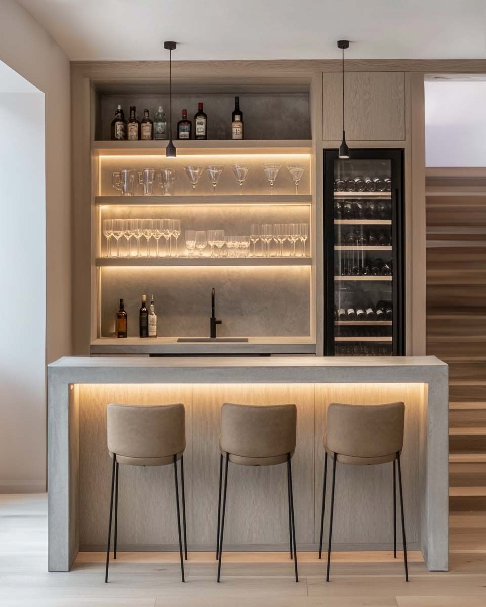 Modern Home Bar with Quartz Counter, Oak Back Unit & Suede Stools