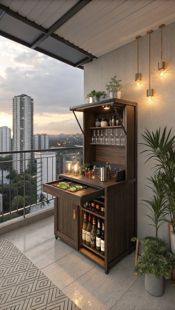 Compact Dark Walnut Balcony Bar with Fold-Down Counter & LED Storage