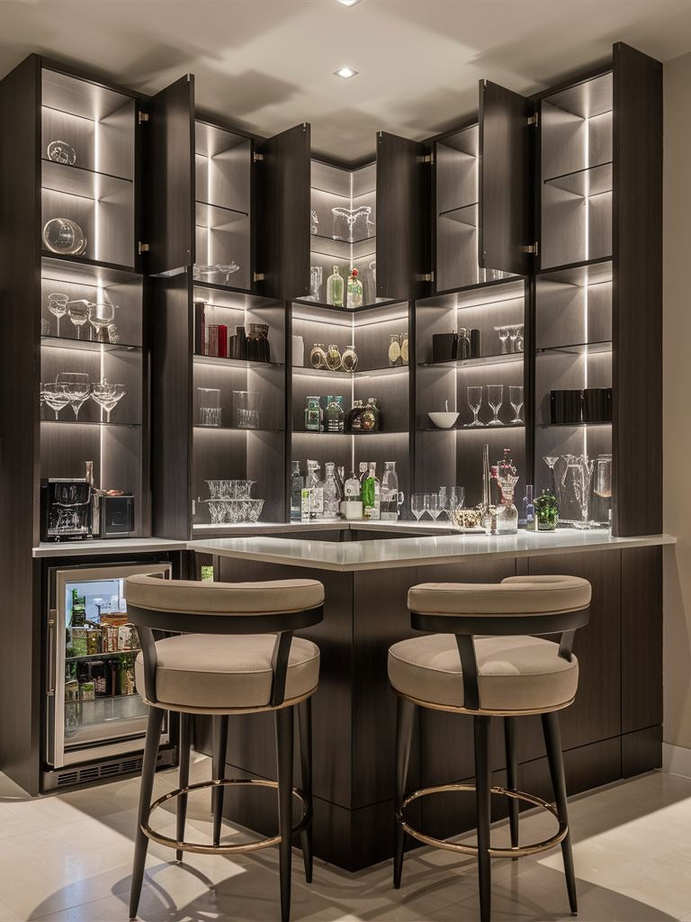 Luxury 8ft x 8ft L-Shaped Home Bar in Walnut & White Quartz