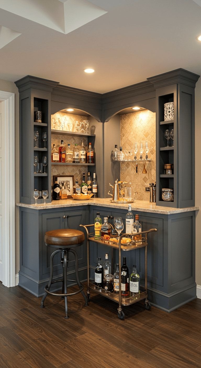 Classic 7ft Corner Bar with Charcoal Cabinets & Marble Top
