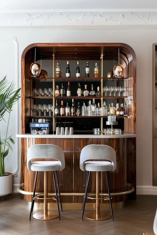 Art Deco Bar with Curved Walnut Cabinet and Brass Accents