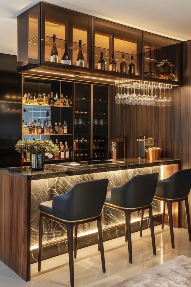 Sophisticated Modern Bar with Marble Counter & Walnut Accents