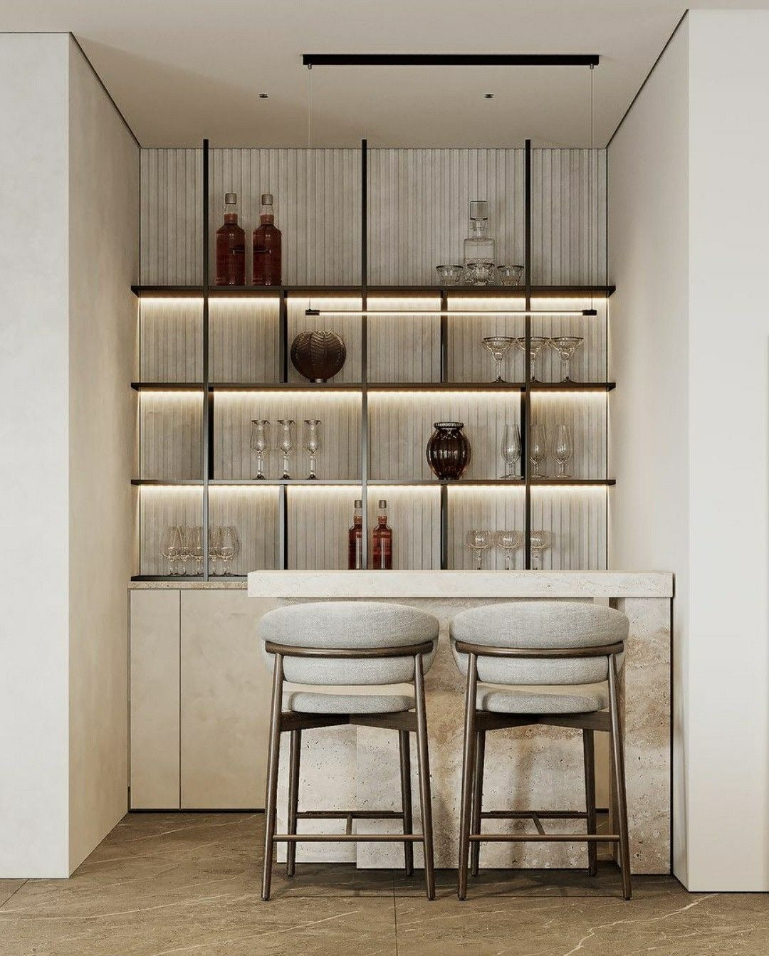 Minimalist Home Bar with Backlit Shelves and Stone Counter