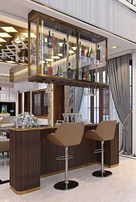 Elegant Home Bar with Overhead Glass Display and Modern Seating