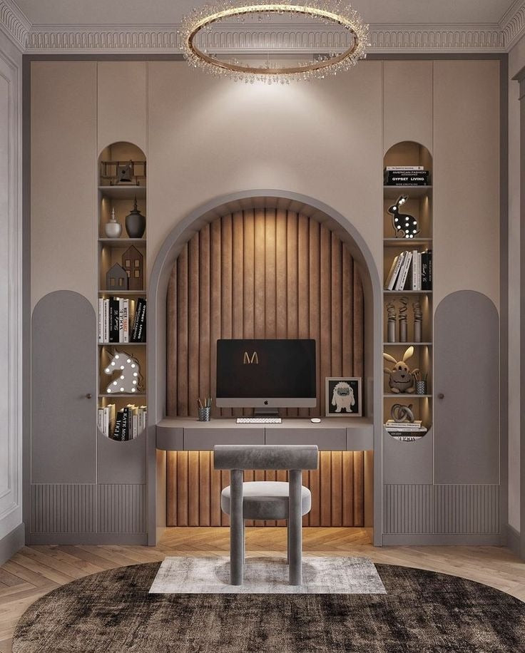 Luxurious Arched Study Niche with Fluted Back Panel, Ambient Lighting & Built-in Storage