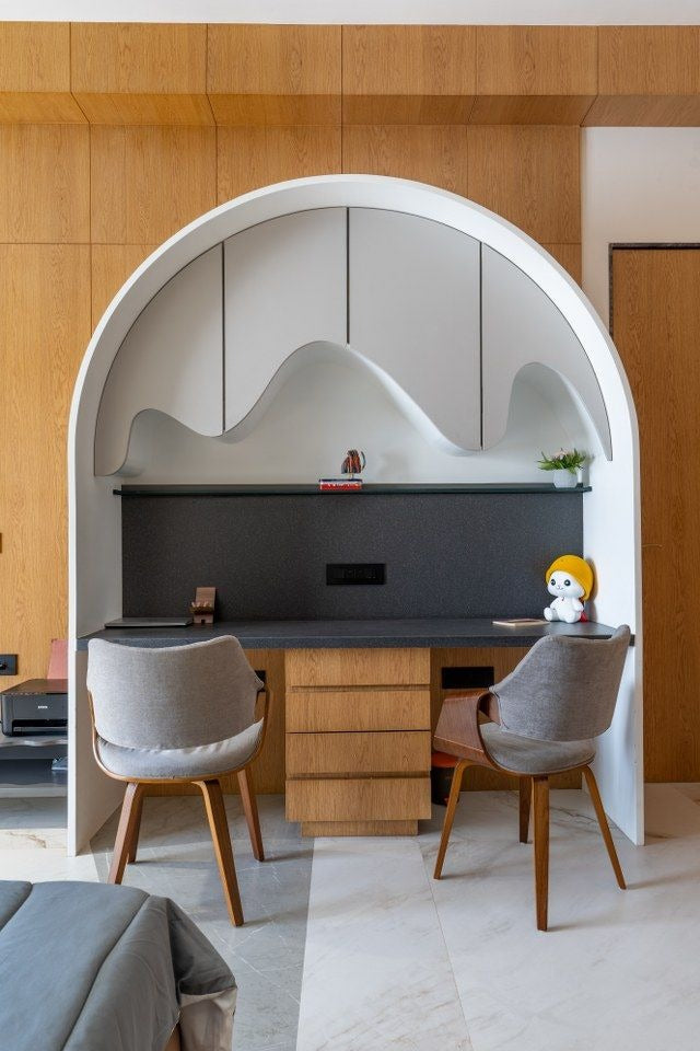Contemporary Dual Workstation Niche with Curved Arch Detail & Floating Shelves