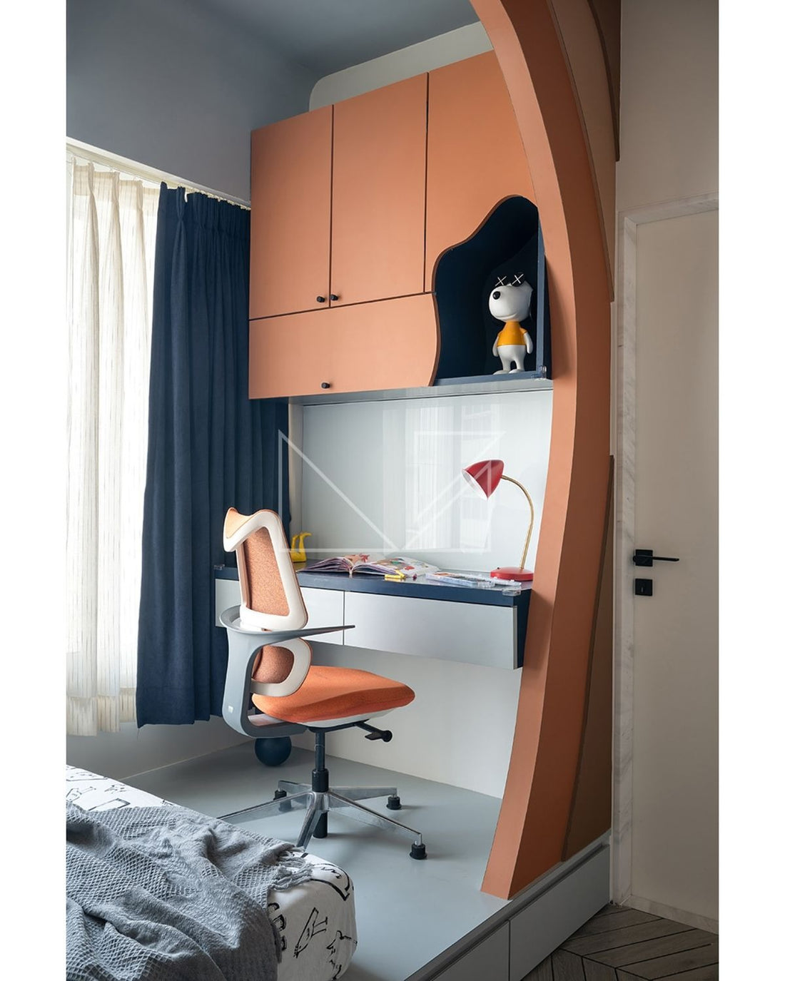 Playful Arched Study Niche with Dual-Tone Cabinetry & Floating Desk