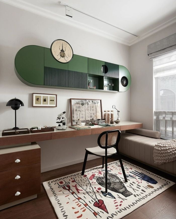 Modern Study Nook with Floating Wooden Desk & Olive Green Wall Cabinets