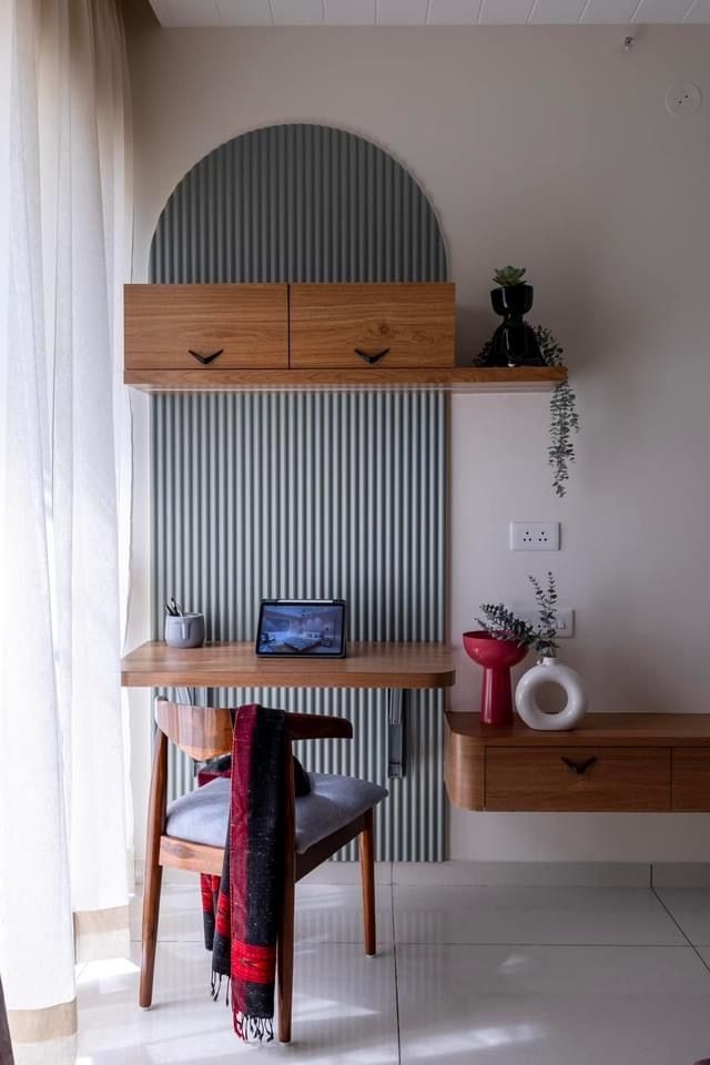 Compact Fluted Study Desk with Arched Back Panel & Floating Storage Units